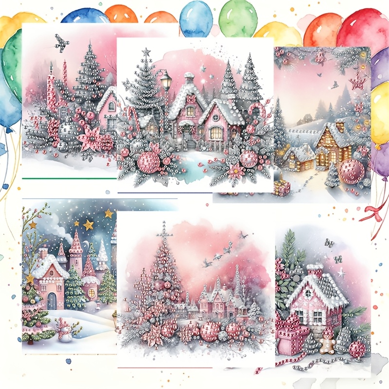 TEMU 6pcs Diy Unique New Diamond Painting Greeting Card Set, Christmas Snow Scene House Pattern Greeting Cards, Birthday And Holiday Greeting Cards,