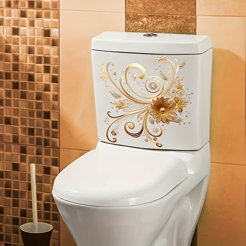 

Golden Floral Self-adhesive Wall Decals - Matte , For Bathroom & Home Decor, Ceramic Toilet Tanks And Seats