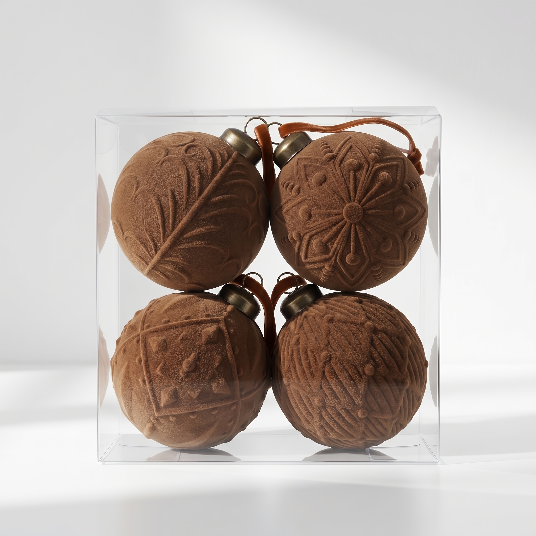TEMU 4pcs Christmas Balls+4 Brown Plush Ribbons, 8cm/3.15inch Christmas Tree Hanging Ornament Relief Ornaments Christmas Ball Set Christmas Tree