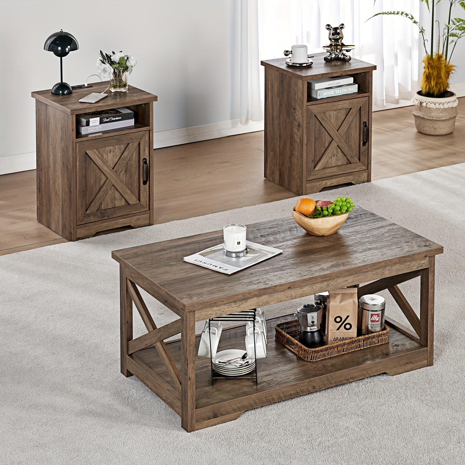 

3-piece Farmhouse Table Set: Coffee Table And 2 End Tables With Charging Station And Usb Ports, Ideal For Living Room Or Bedroom Barnwood