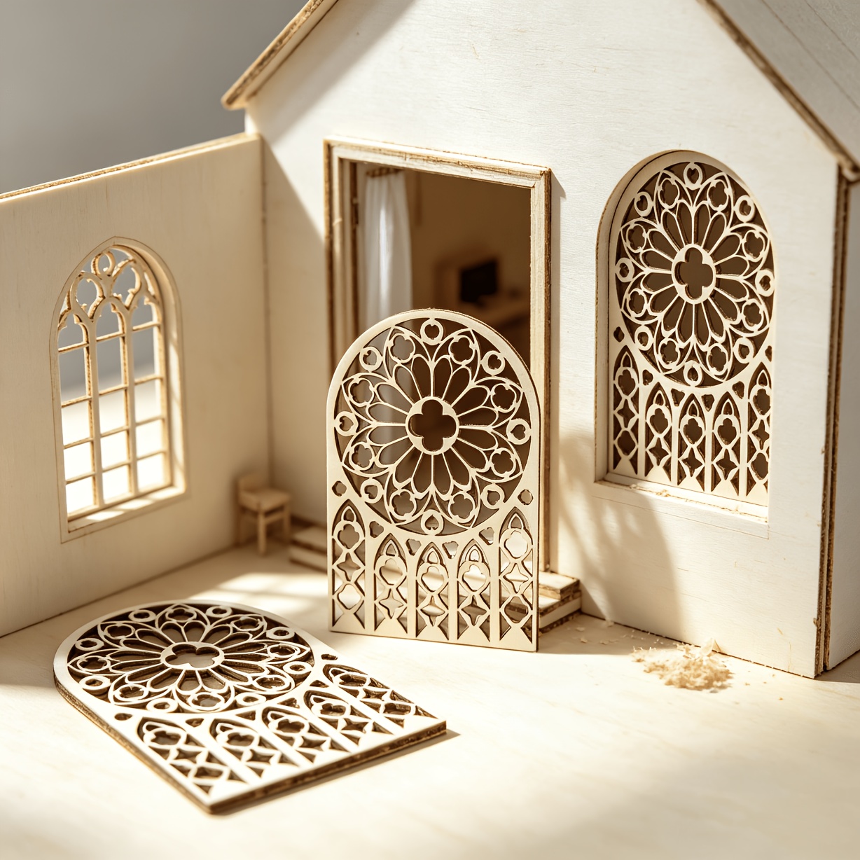 TEMU 3pcs Fenêtres Miniatures en Bois Gothique Rétro Européen, Fenêtres Rose Creuses Sculptées au Laser, Décoration de Modèle de Architecturale,