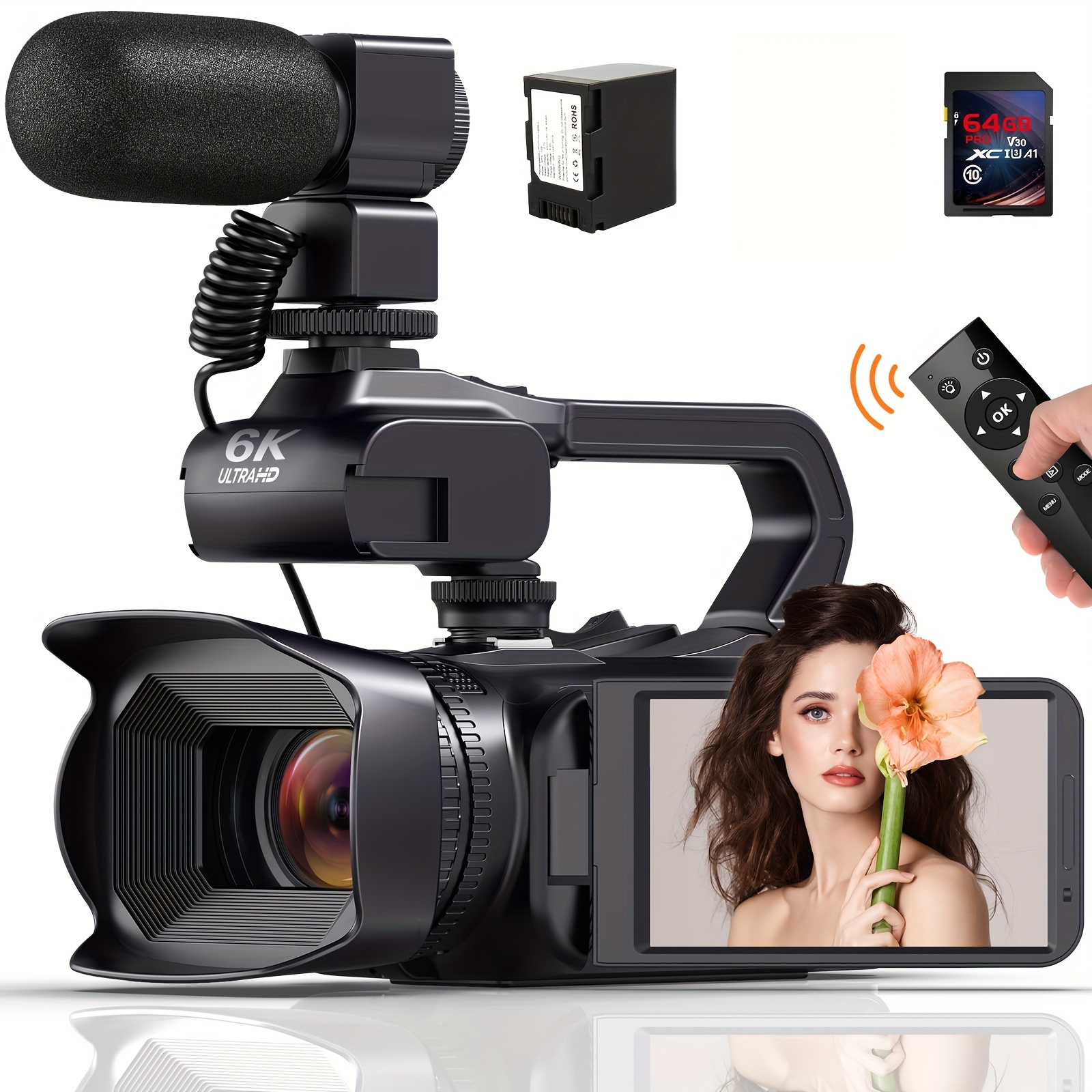 

6k 64mp Video Camera Camcorder, 18x Digital Ir Night Vision Vlogging, 4.0" Touch Screen Digital Camera With Wifi, Microphone, 64g Sd Card, Remote Control, Charger