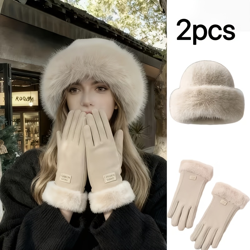TEMU New 2pcs Set For Women: Autumn/winter Thermal Gloves And Hat Combo. Features A Thickened, Warm, And Trendy Plush Hat With -edge Detailing,
