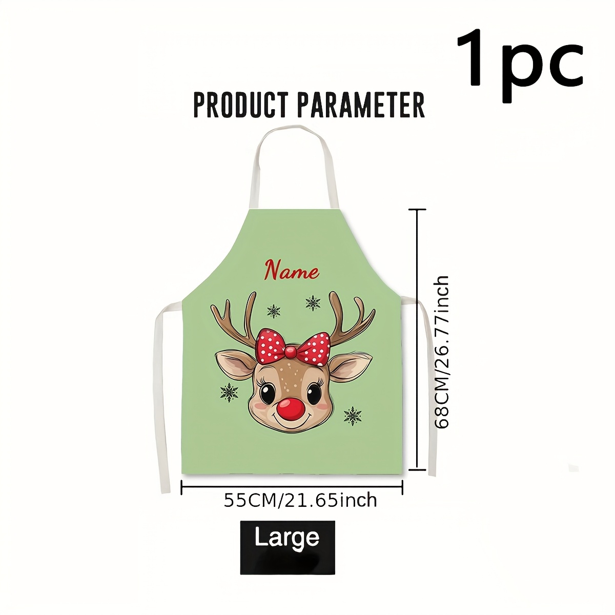 TEMU 1pc Customizable Name Christmas Cartoon Reindeer Print Apron, Polyester Material, For Painting, Handicrafts, Cooking, Baking, Gardening, Waiter
