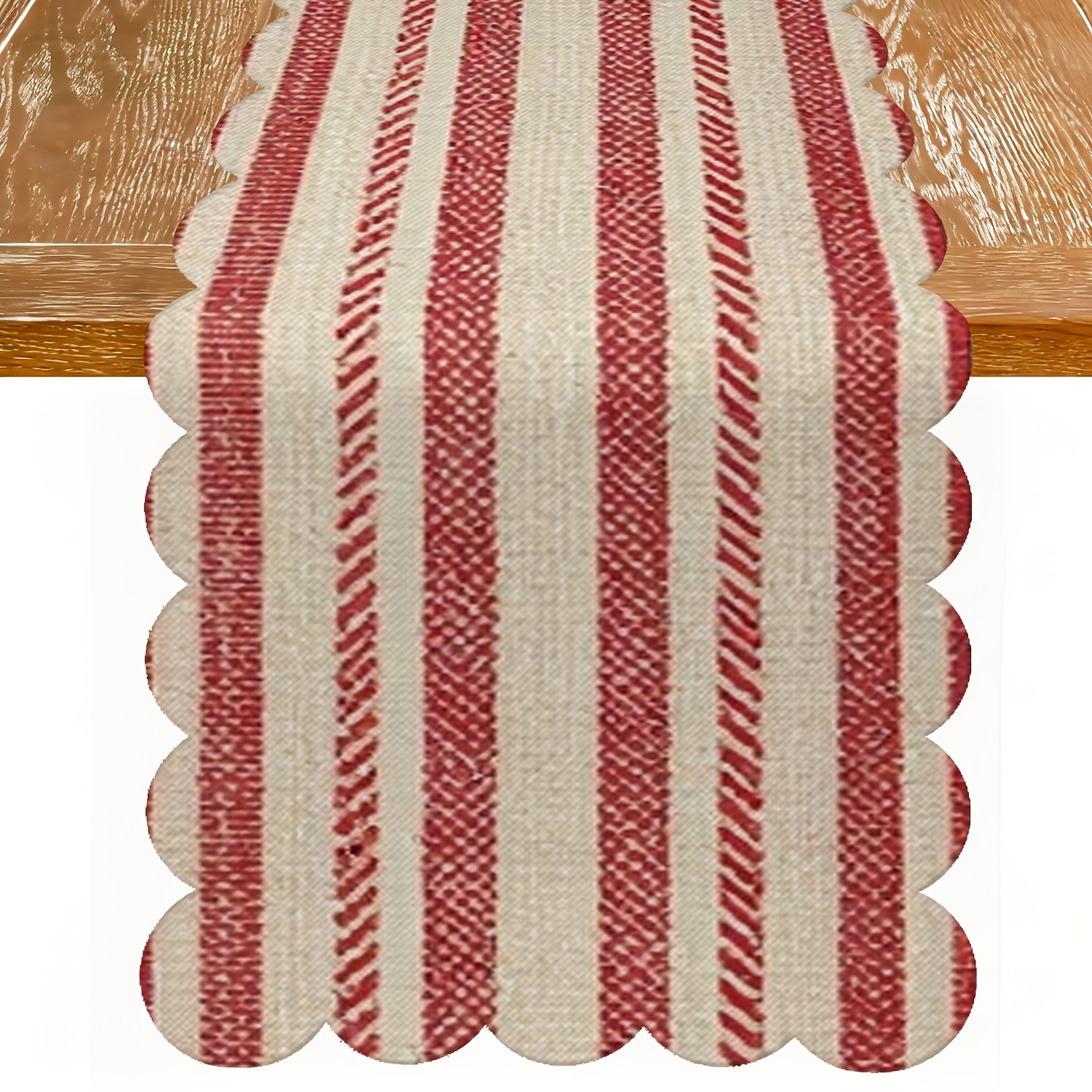 TEMU 1pc Scalloped Linen Christmas Table Runner, Cream Thin Red Vertical Stripe Ethnic Diamond Motif Print, Retro Country Holiday Centerpiece