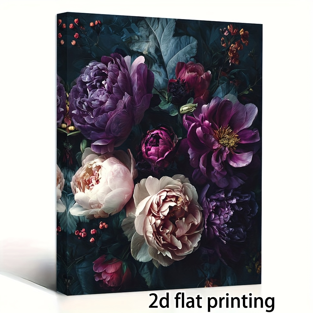TEMU 1pc Large Dark Purple Pink Peony Flowers Framed Canvas Wall Art - Vintage Botanical Print With Foliage, 11.8x15.7 Inch (30x40cm) Ready-to-hang