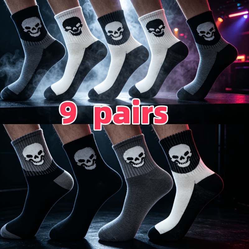 TEMU Men's 6-pair/9-pair Skull Pattern Comfortable Sports Mid-calf Socks, Street Style, Trendy, European/american, Preppy Style, For Halloween, ,