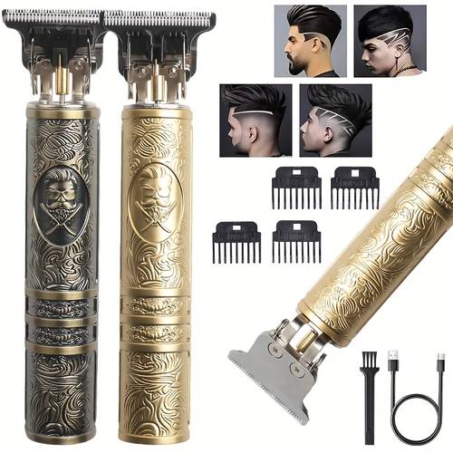 imagen del artículo cortadora de pelo eléctrica y recortadora de corporal, se puede usar para cortar el pelo en casa, afeitar, recortar cejas y eliminar de varios ángulos del cuerpo, diseño retro dorado, con peine y accesorios - la opción ideal y peinado de precisión