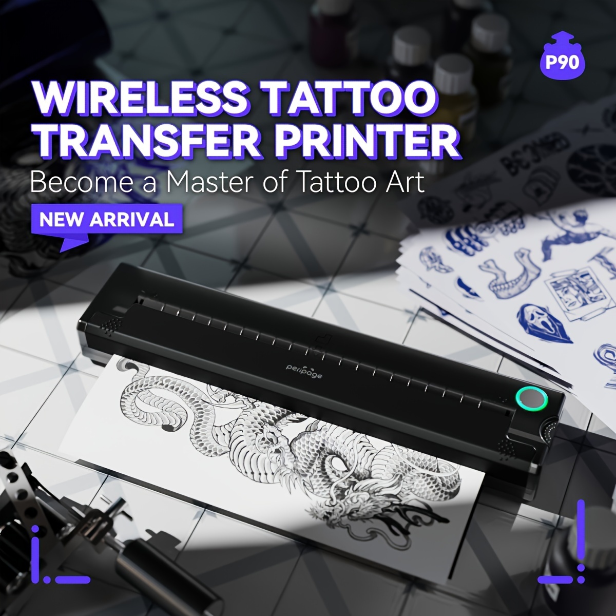   p90 tattoo stencil printer tattoo printer thermal printer for diy tattoo mini portable printer compatible with smartphone and pc ios   with 5pcs a4 tattoo transfer paper