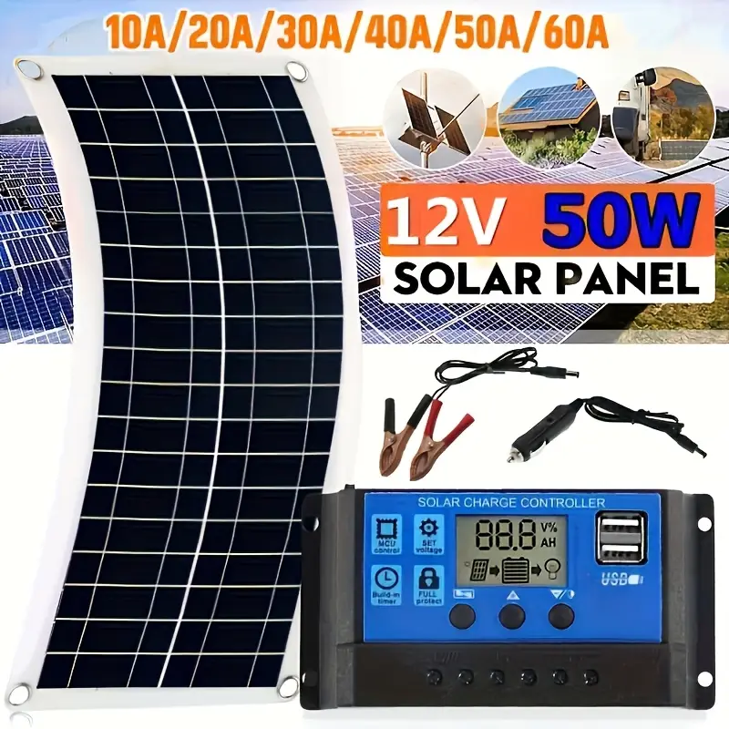 2pcs 12v 18v portable solar panel kit usb charging interface with built in controller suitable for mobile phones motorhomes cars and outdoor use durable solar cells designed for reliable power generation suitable for outdoor emergency use Product details 1