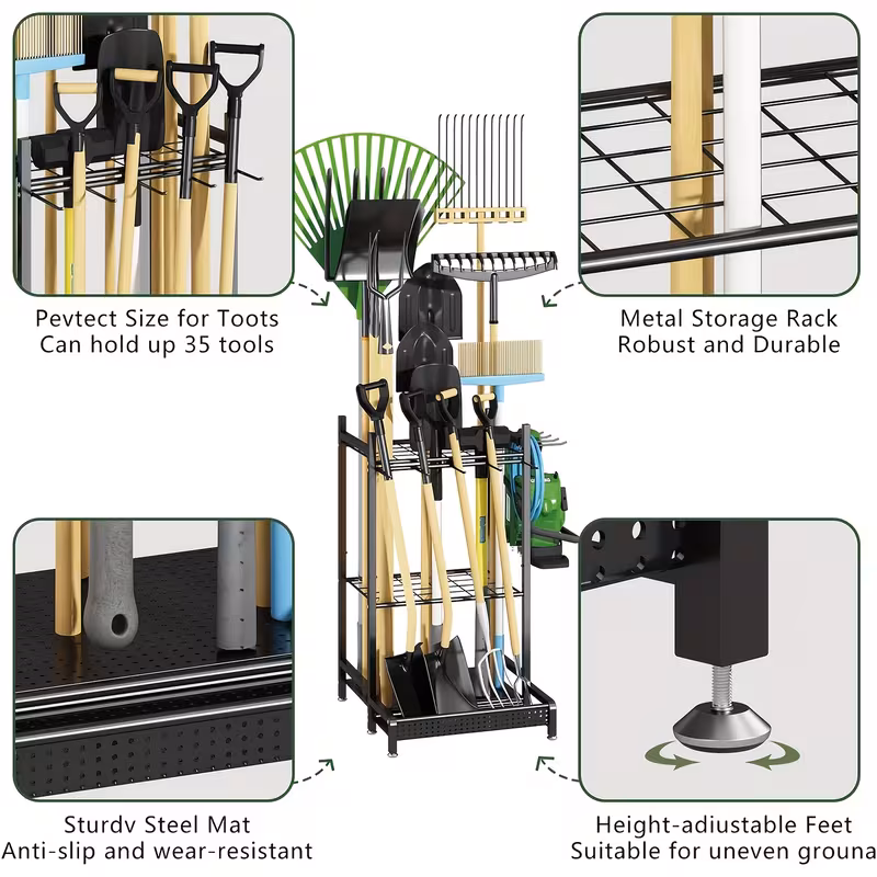 Heavy Duty Metal Storage Rack with Hooks for Long-Handled Tools