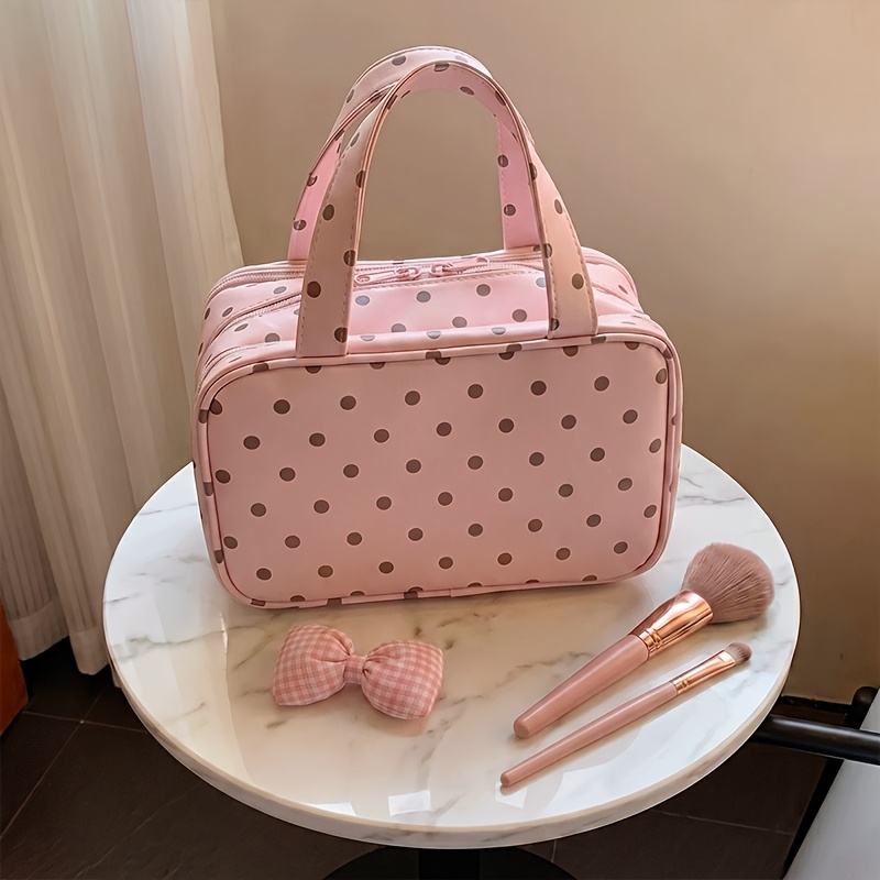 TEMU 2026 New Polka Dot Handbag, Pu Material Large Capacity Layered Design Makeup Bag, 3-tier Partition Design, Hung On Suitcase, Multi-pocket Lining