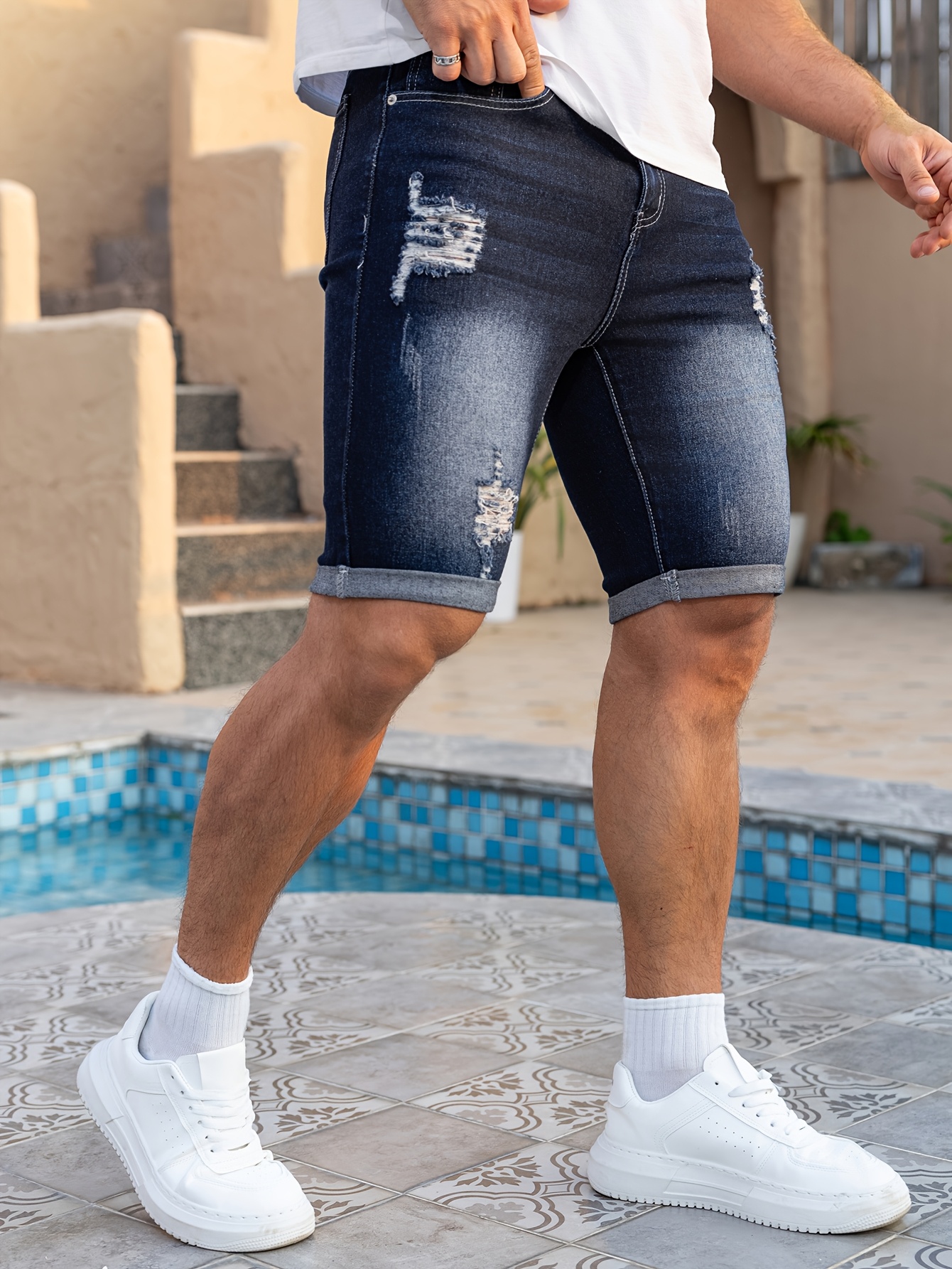 mens skinny denim shorts stretchy non see denim Temu Kuwait