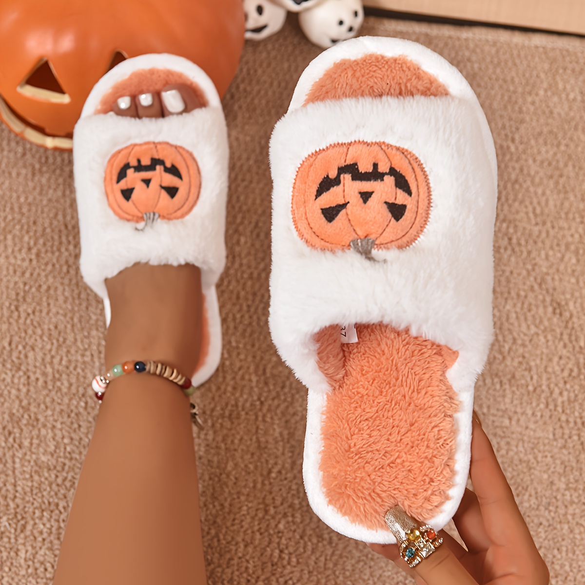 TEMU Women's Plush Slippers, Embroidered Halloween Pumpkin, For , Comfortable And Elegant, Indoor House Slippers, Women Shoes