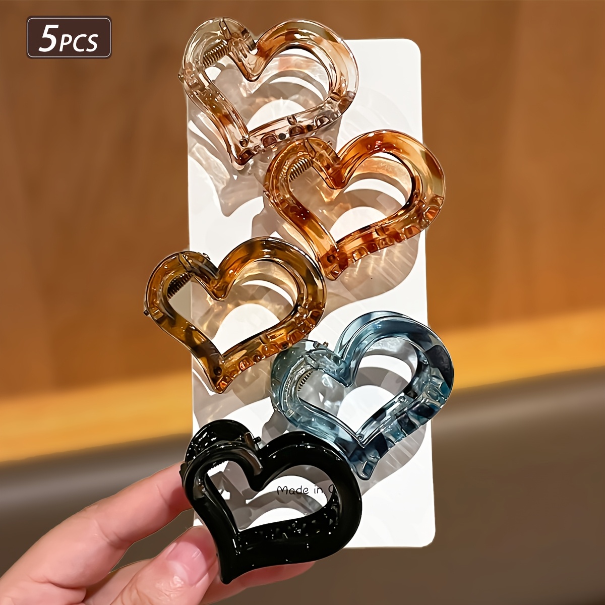 Image of 5pcs Set Of -shaped Hair Claws In 5 Colors, Transparent Amber, Multicolor, Simple Vintage Style, Elegant Hair Clips For Daily Use