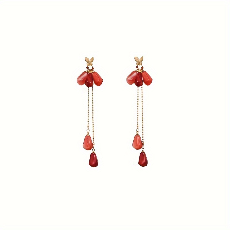 

Elegant Acrylic Pomegranate Design Tassel Drop Earrings For Daily Wear - No Plating, Chic Long Dangle Ear Accessories A62