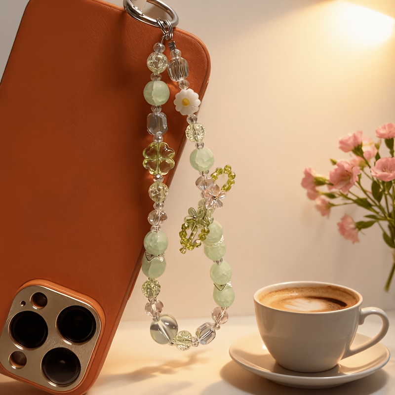 TEMU A Refreshing Mint Green Clover Phone Strap, A Daisy Flower Bead Anti-loss Wristband, Perfect Accessory For A Phone Case