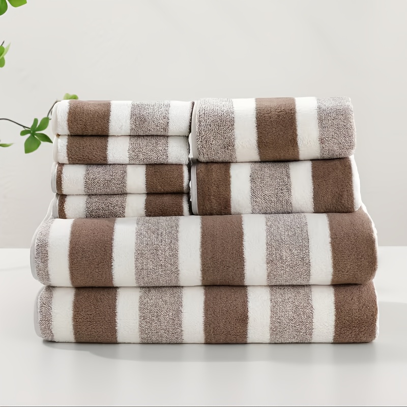 TEMU 8pcs Super Absorbent Soft Hotel Standard Two-color Striped Bath Towel Set, Including 2 Large Bath Towels, 2 Medium Bath Towels And 4 Small Bath