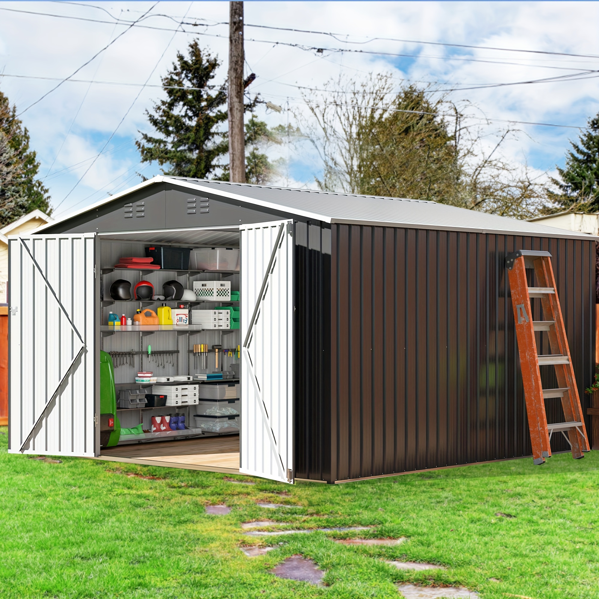 

Metal Storage Shed, Large Outdoor Shed With Frame Structure, Garden Tool Sheds For Backyard Patio Lawn, Grey