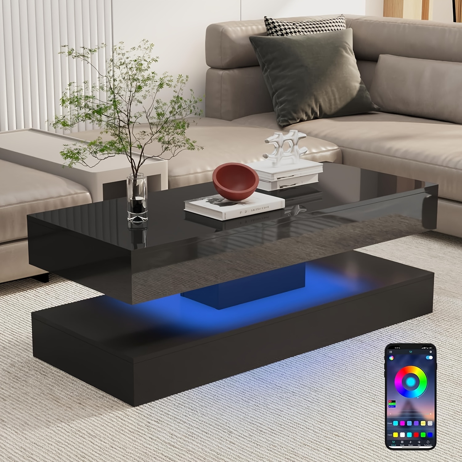 

Led Coffee Table With 2 Storage Drawers, Modern Table W/20 Colors Led Lights, 2 Tiers Rectangle Center Table For Living Room With Marbling Print, App Control, Black