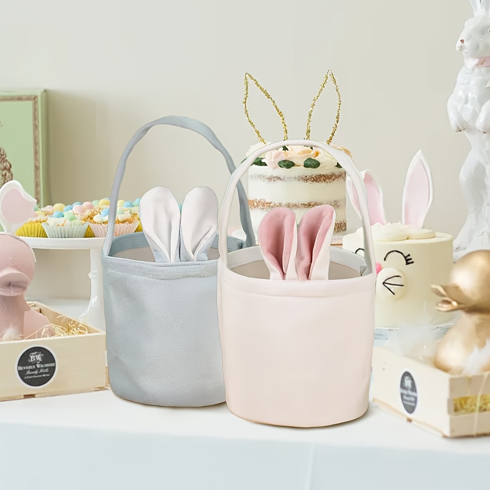 Image of Gift For Her/him 2pcs Easter Bunny Ear Party Bucket Bag, Rabbit Party Candy Gift Bag Holiday Tote Basket, Candy Gift Bag