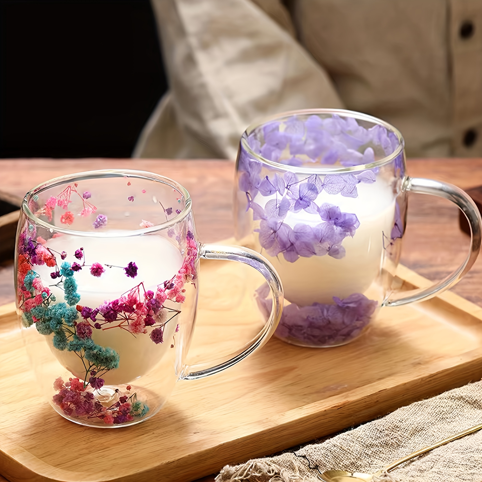 2pcs floral double wall glass mug set with spoons 11 83 oz reusable lead   wash only round shape ideal for cappuccino tea espresso latte hot drinks   home   holidays gifts christmas thanksgiving valentines mothers day graduation details 2