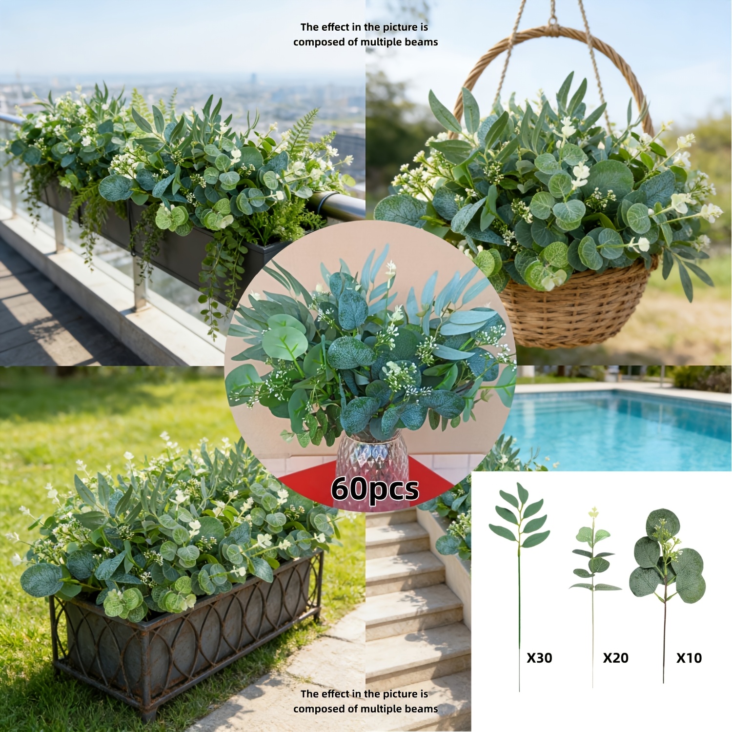 Image of A Set Of 60pcs Of Eucalyptus Combinations, Featuring An Nordic Style With Artificial Eucalyptus And Willow Branches, Perfect For , Outdoor Floral Arrangements