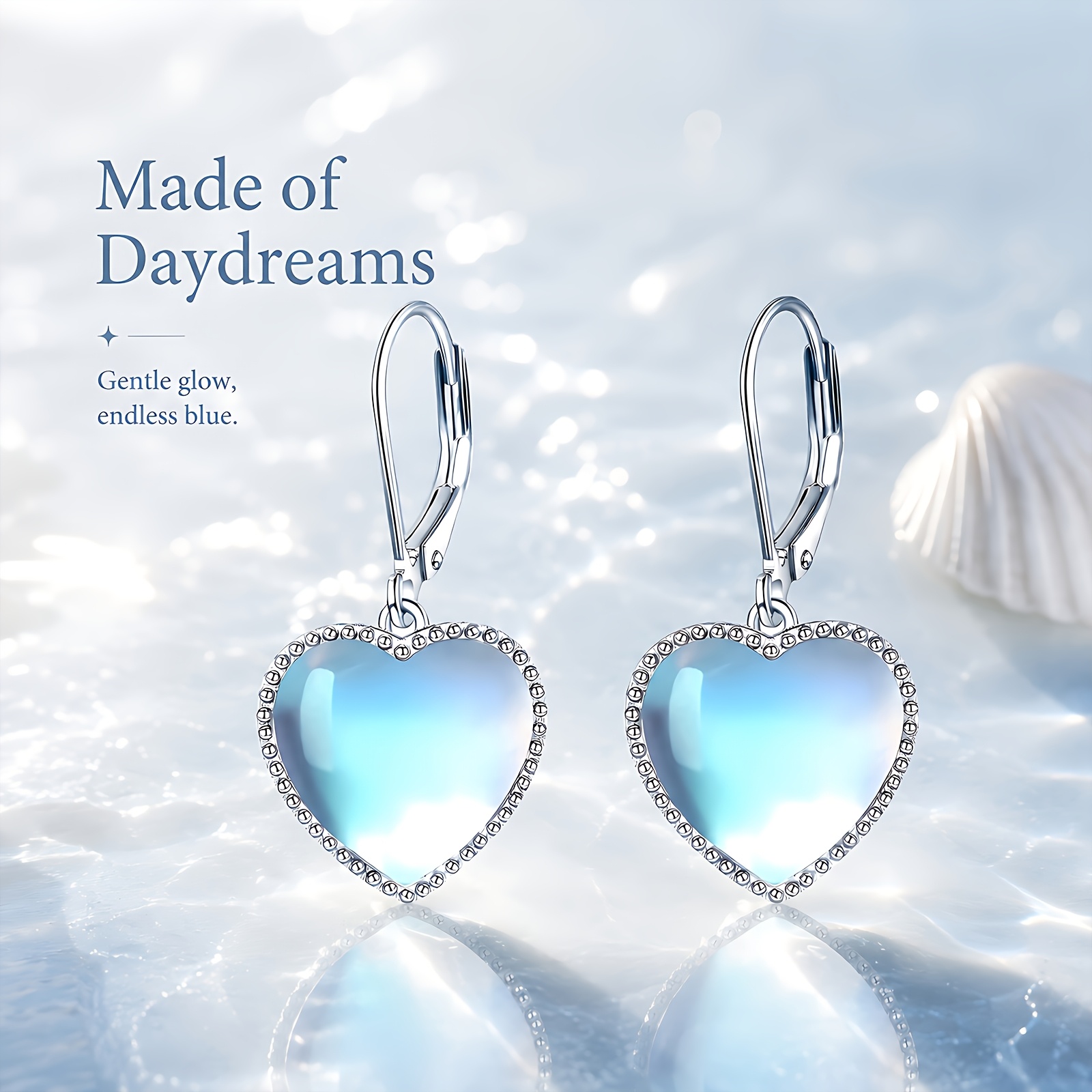 Heart-Shaped Moonstone Earrings, Summer Ocean Series