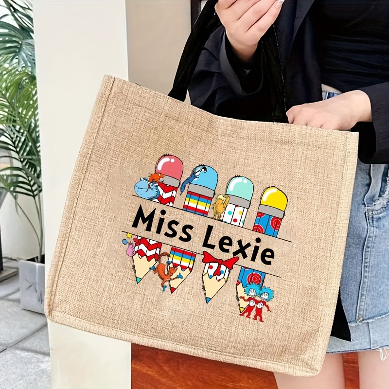 

1pc Personalized Name Teacher Bag With Cartoon Pencil Pattern, Custom Shoulder Tote Bag For Men Women, Ideal Gifts For Teachers