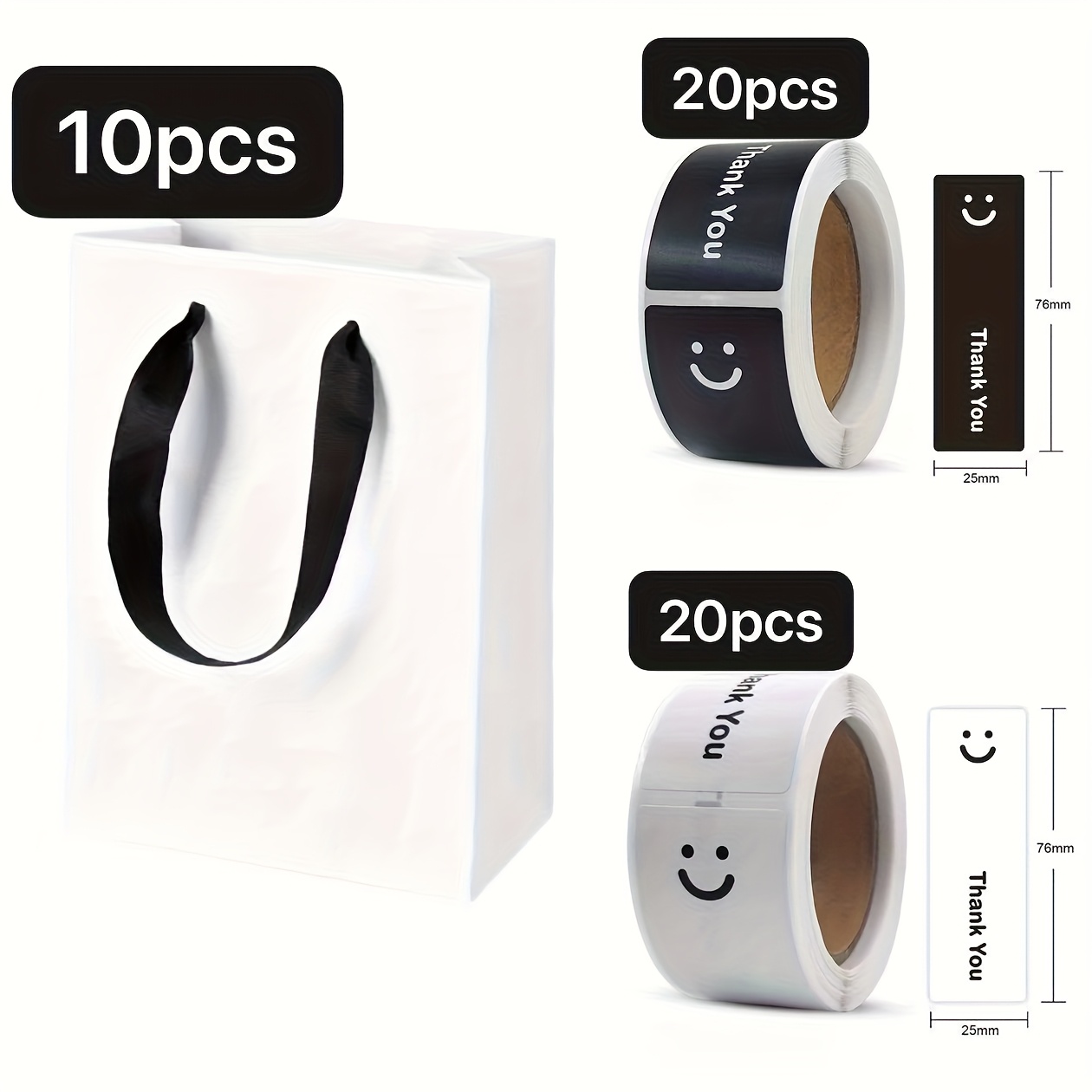 E-shop Geschenk für Sie/Ihn 50 Stück Weiße Papier Geschenktüten und Schwarz Weiße Smiley Gesicht Dankeschön Siegel Aufkleber - Hohe Qualität mit Griff,