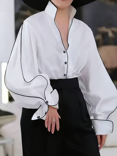 elegant french retro color block stand collar open front lantern sleeve shirt spring summer loose long sleeve top suitable for leisure office daily etc