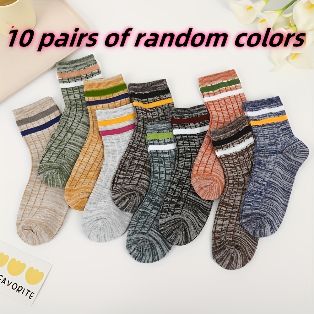 Image of 10-pairs Random Colors Couples Ins-famous Vertical Striped Mid-calf Socks, Casual Sporty Long Socks For Daily Use, Outdoor Sports& Office (breathable Durable& Free Shipping)