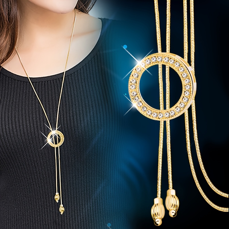 Image of 1pc Of Fashionable And Trendy Accessory, Exquisite Rhinestone Circle Necklace, Versatile Round Sweater Chain