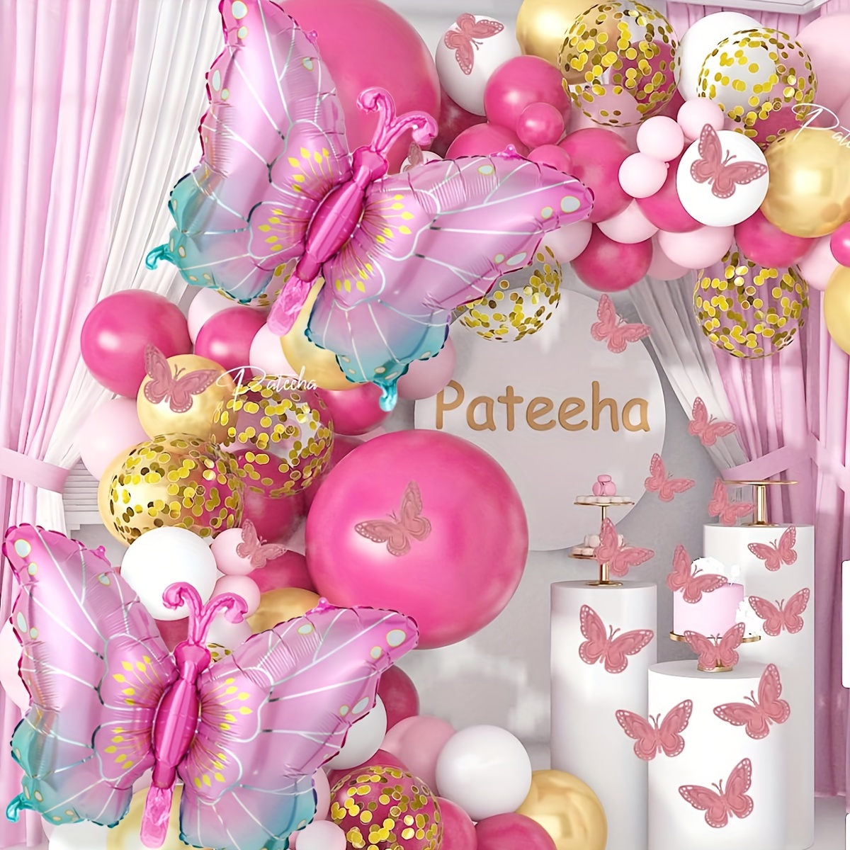 

4pcs New Pink Butterfly Balloon For Birthday Theme Party, Wedding Birthday Party Supplies With Straw And Ribbon. Eid Al-adha Mubarak