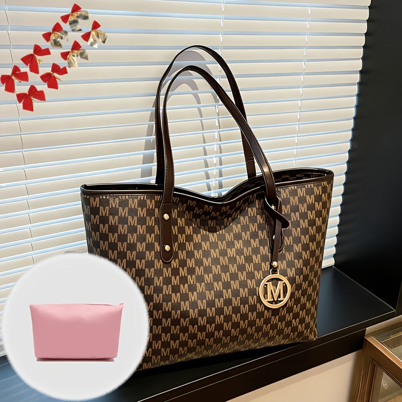 TEMU Women's Large Capacity Tote Bag, With Small Pink Bag And Decorative Bow, Zipper Closure Design, 3pcs/4pcs, Fashion Letter Print Shoulder Bag,