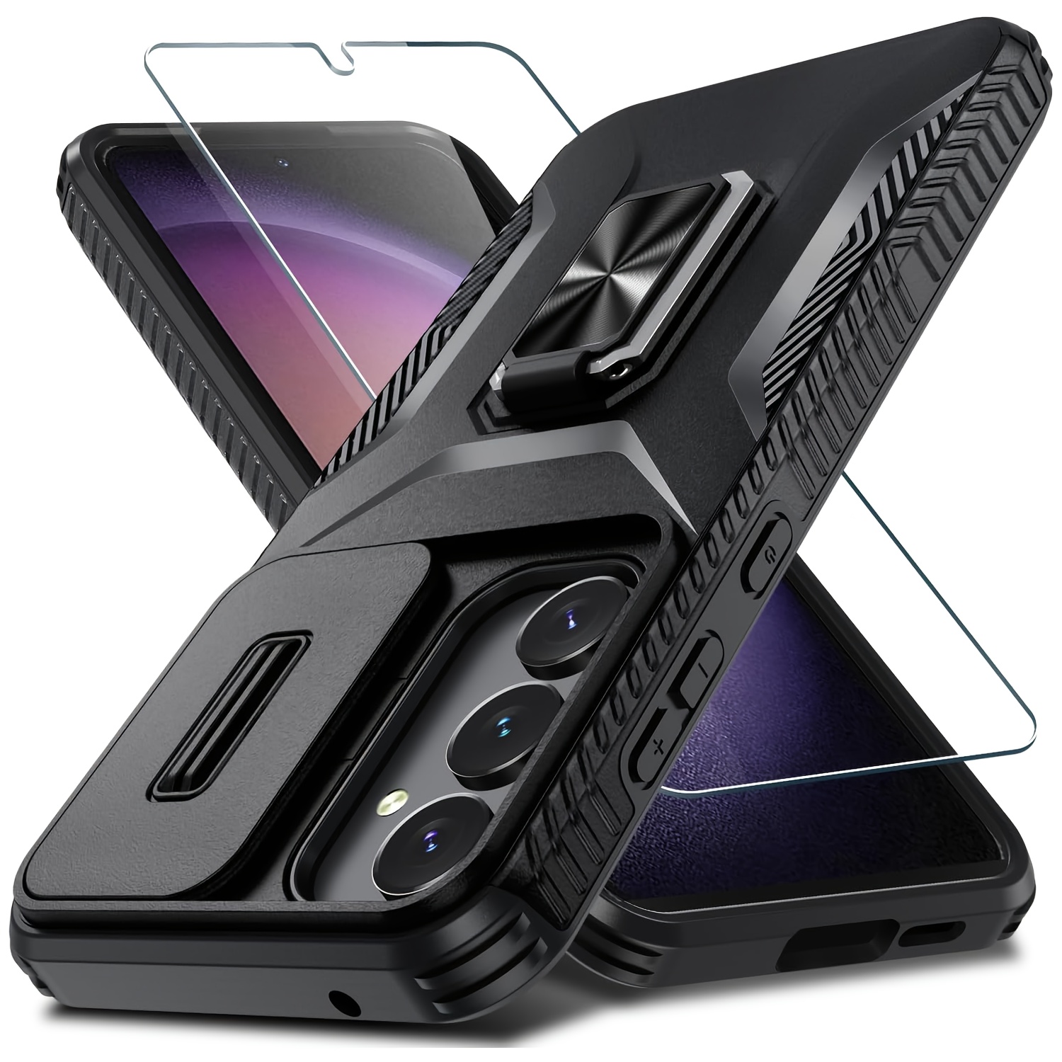 

Coque pour S24 FE avec Protecteur d'Écran Souple HD & Couverture de Caméra Coulissante & Support Rotatif, Coque de Protection , pour Samsung S25 ULTRA/S25/S25+/A26/A36/A56 - Noir