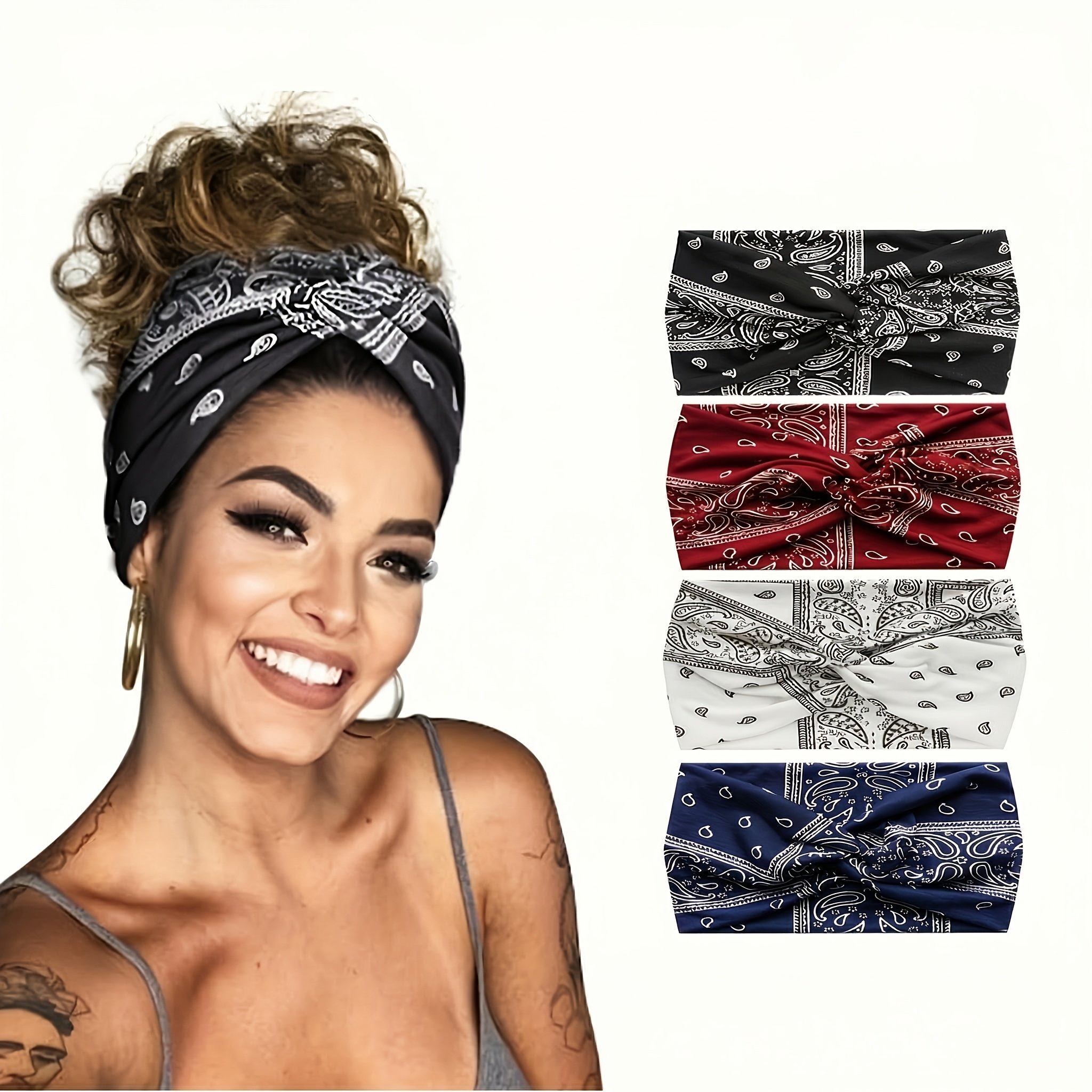 TEMU 4pcs Women's Sports Headband Set, Non-slip Tying Headband, Soft And Breathable Fabric, Paisley Print, Suitable For Yoga, Gym, And Daily Use