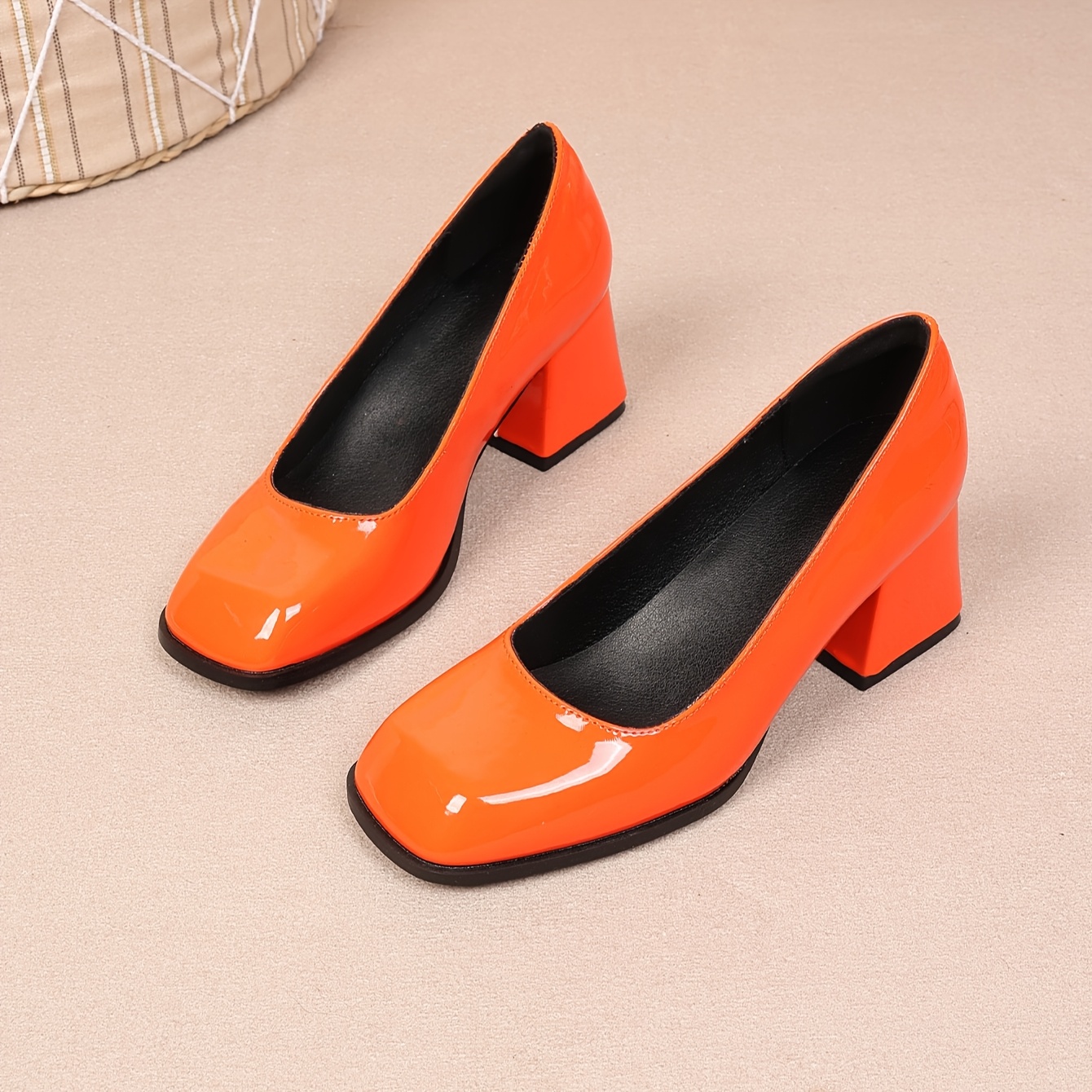 escarpins femme à talon bloc orange vif bout carré Temu Belgium