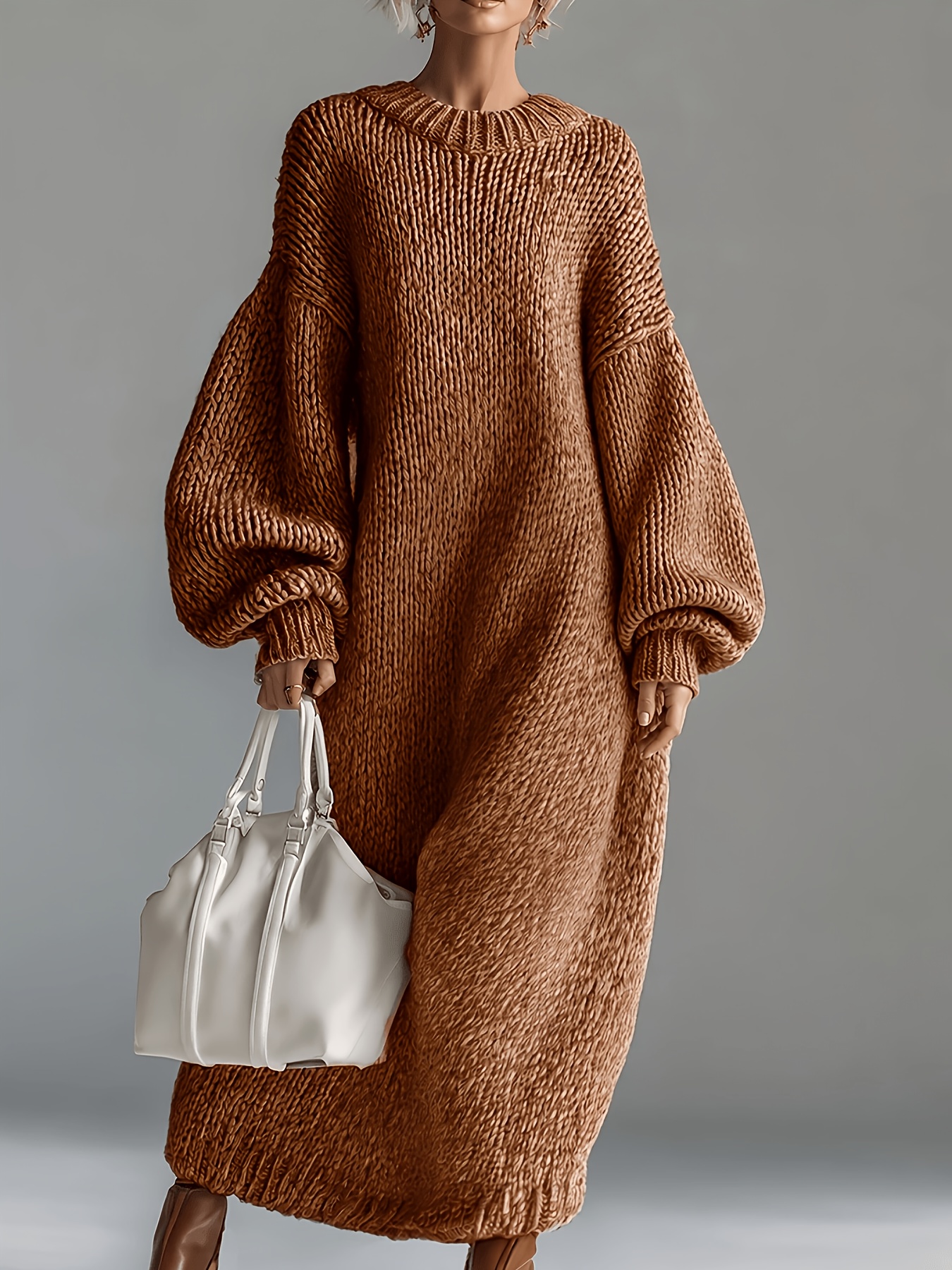 Women'S 2026 Early Autumn Dress Elegant Round Neck Sweater Dress Lantern Sleeve Turtleneck Solid Color Dress