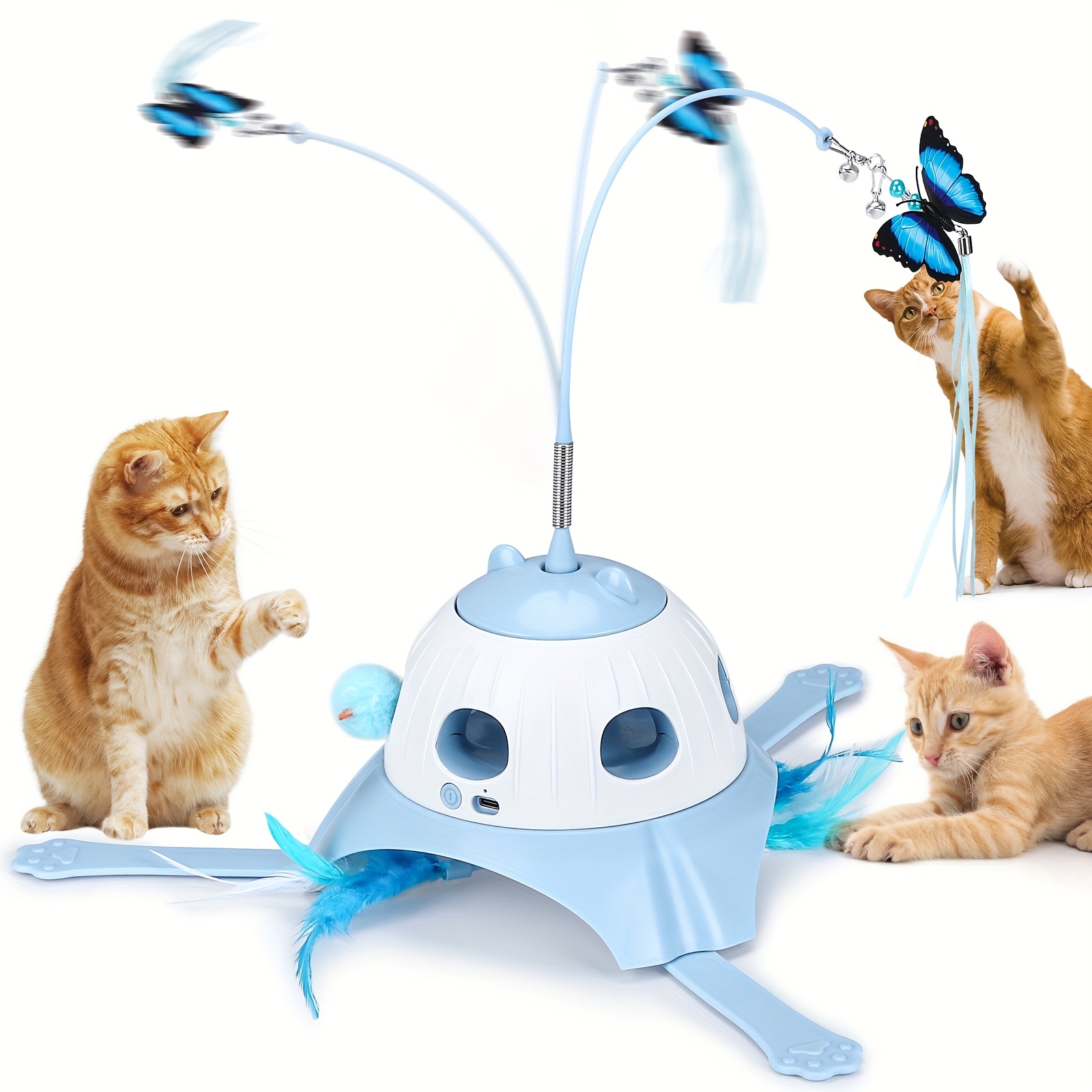 

3-in-1 Interactive Cat Toy With Rotating Feather Wand, Fluttering & Electronic Mole Game - Usb Rechargeable, Safe For All Breeds, Stimulating Indoor Play, Blue, Cat Toys For Indoor Cats