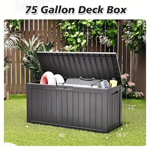 75 gallon outdoor storage box deck box resin large sturdy backyard outside storage box waterproof with double wall panels package delivery box garden outdoor hose storage bin box cabinet rack for outdoor storage