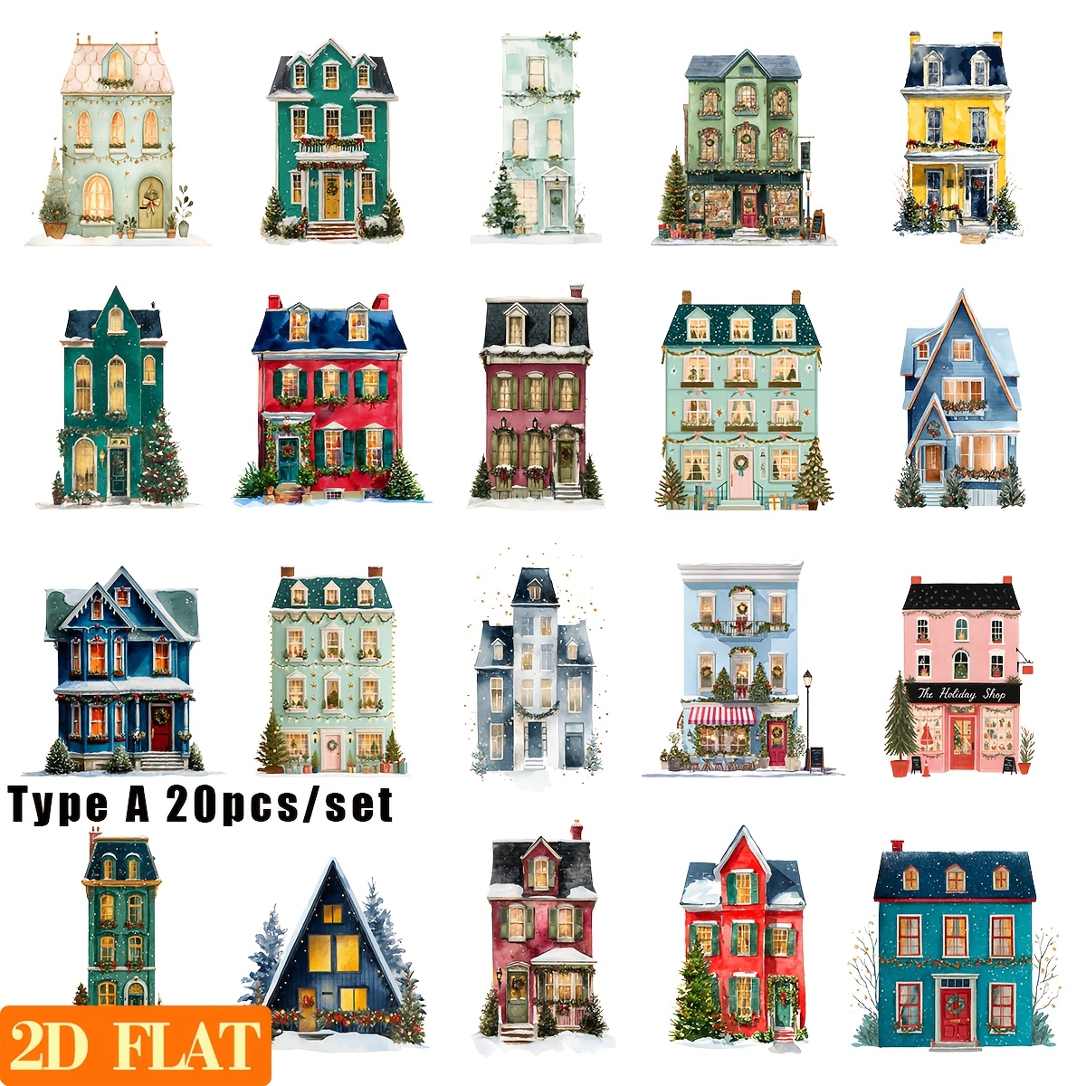 E-shop 20 Stk./Set Handgemachte Kreative Vintage Aquarell Weihnachtskabinen Serie, 2D Flache Aufkleber, Geeignet für Trash Journal, Notizbuch,