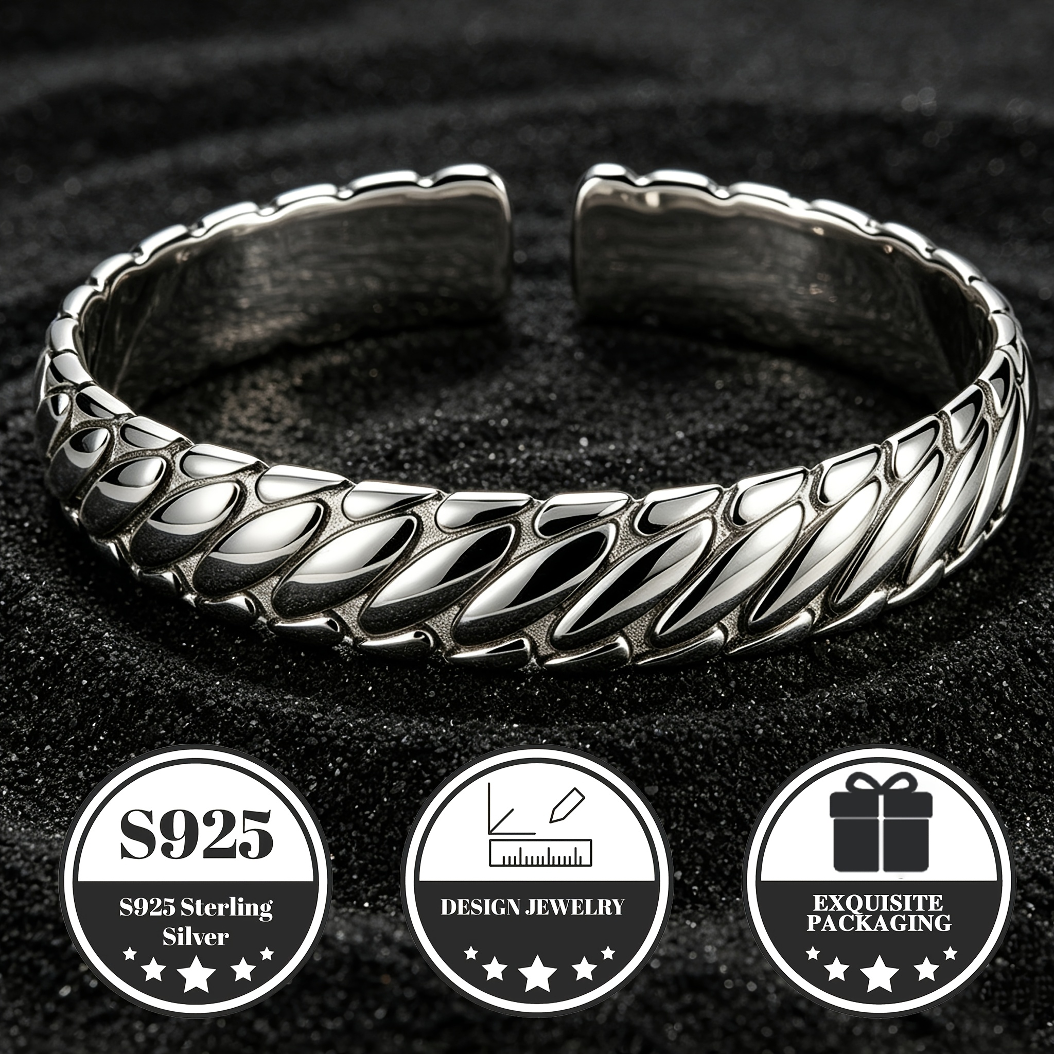 Image of S925 Sterling Silvery Men's Open Cuff Bracelet, Wheat Textured Embossed Silvery Bangle, Hypoallergenic Anti-tarnish Fine Jewelry For Daily Wear, Ideal Birthday Father's Day Gift For Men Boyfriend