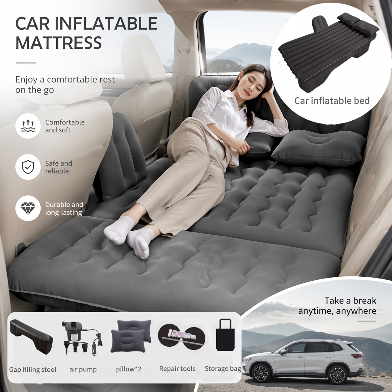 TEMU Portable Inflatable Car Mattress, Car Beds For Vehicles, Pvc Material, Suitable For Backseat Sleeping, Outdoor Camping Picnic Bed, Car Additions