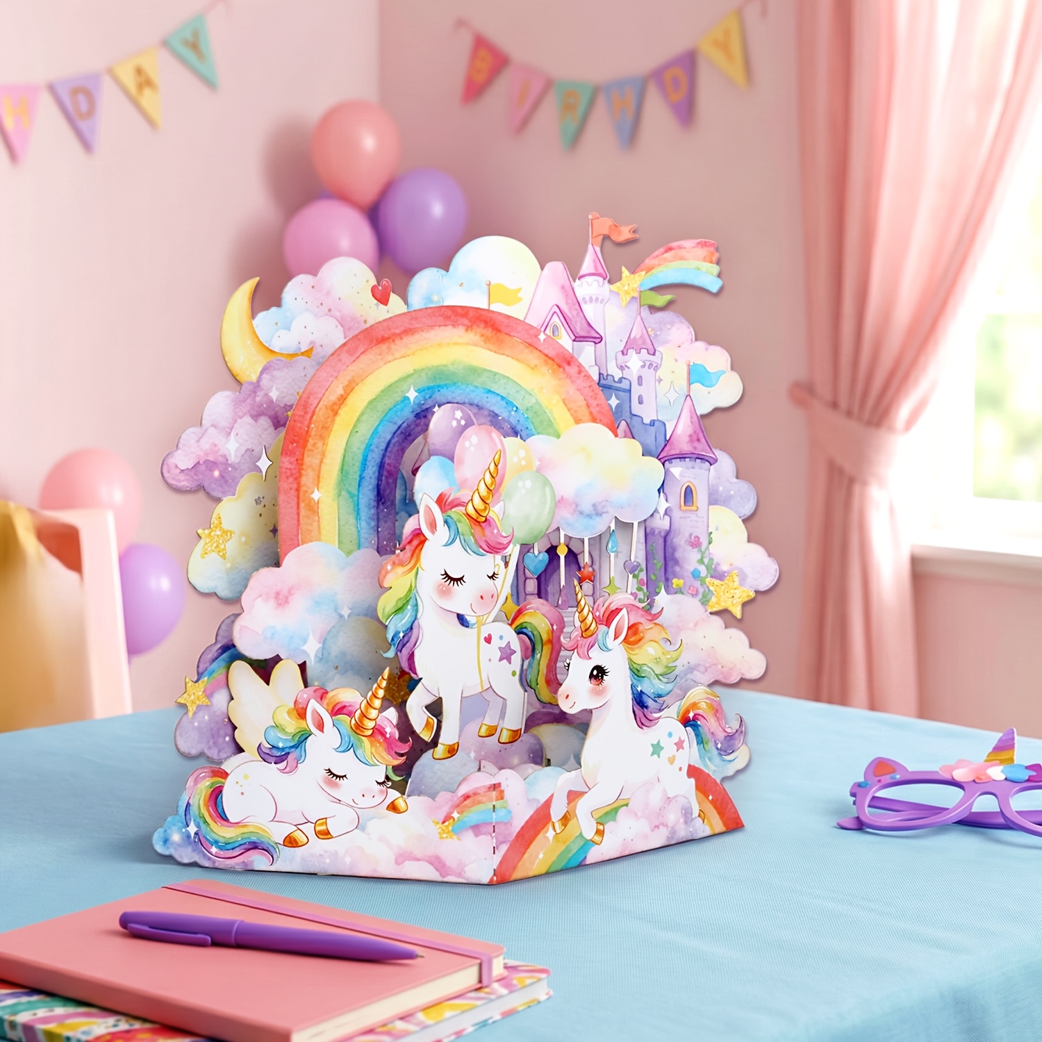 Magical 3d Unicorn Pop Up Birthday Card - Pastel Greeting Card With Unicorns And Castle, Pink Rainbow Birthday Greeting Card, Kawaii Party Favors And Party Decor, Unicorn Theme Party Invitation Card