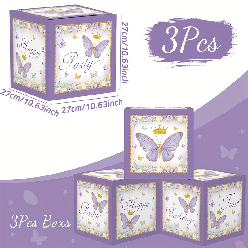Image of 3pcs, Purple Paper Boxes, Theme Party Decoration, 1st Birthday Party Decor, Happy Birthday Party Supplies, Party Photography Decoration, Baby Shower Party Decor