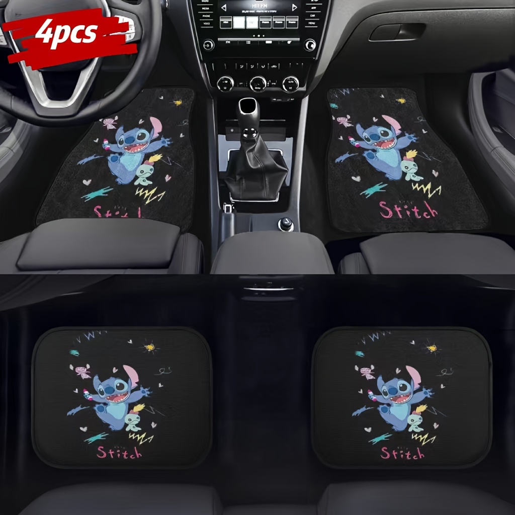 

Stitch-themed 4-piece Durable Vehicle Floor Mat Set - Easy Installation, Fits Suvs And Trucks, Comfortable Polyester Fiber Protection Mats