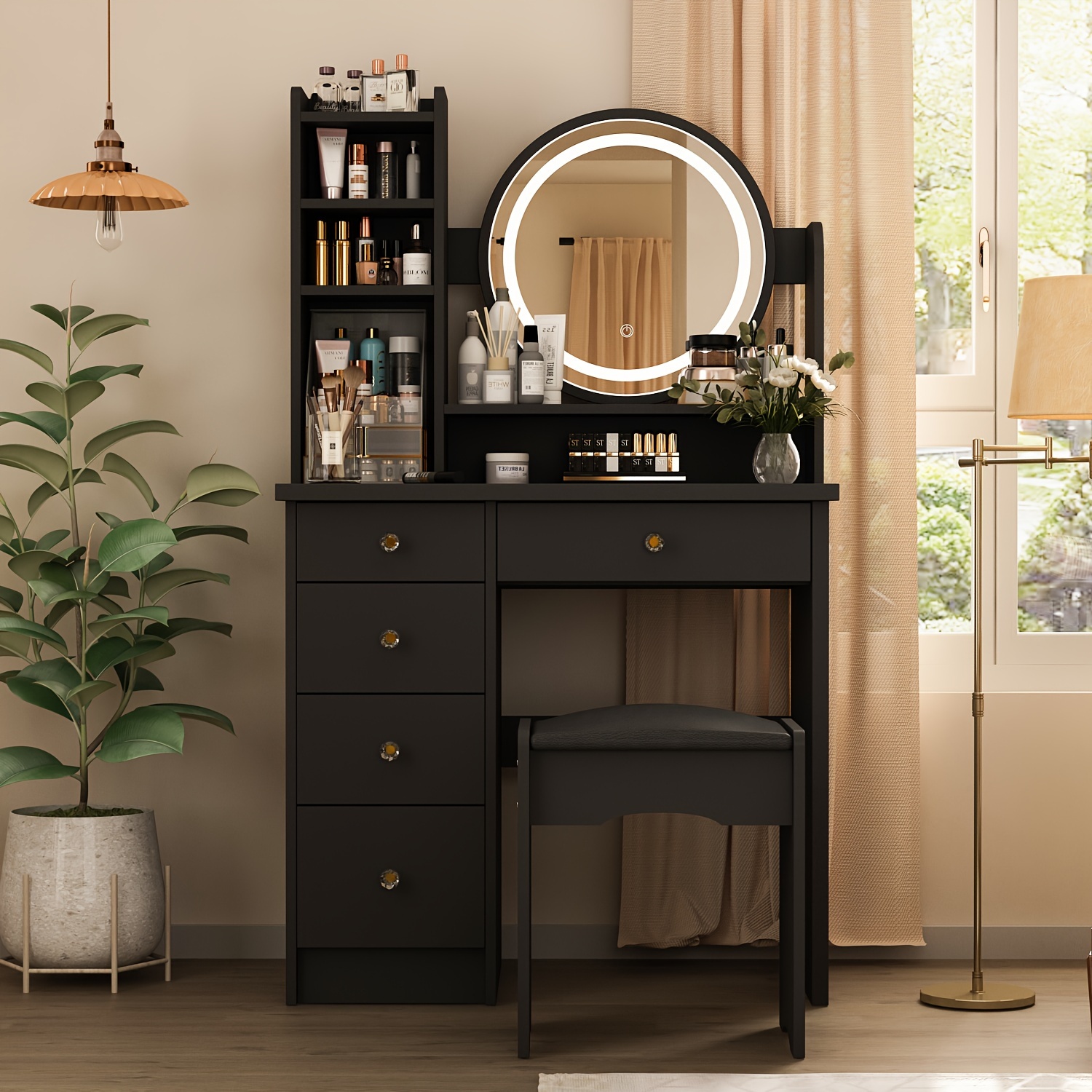 TEMU Unique Black Dressing Combination, With Led Mirrors And Space - Modern Dressing Table In The Bedroom, Combining And Practicality