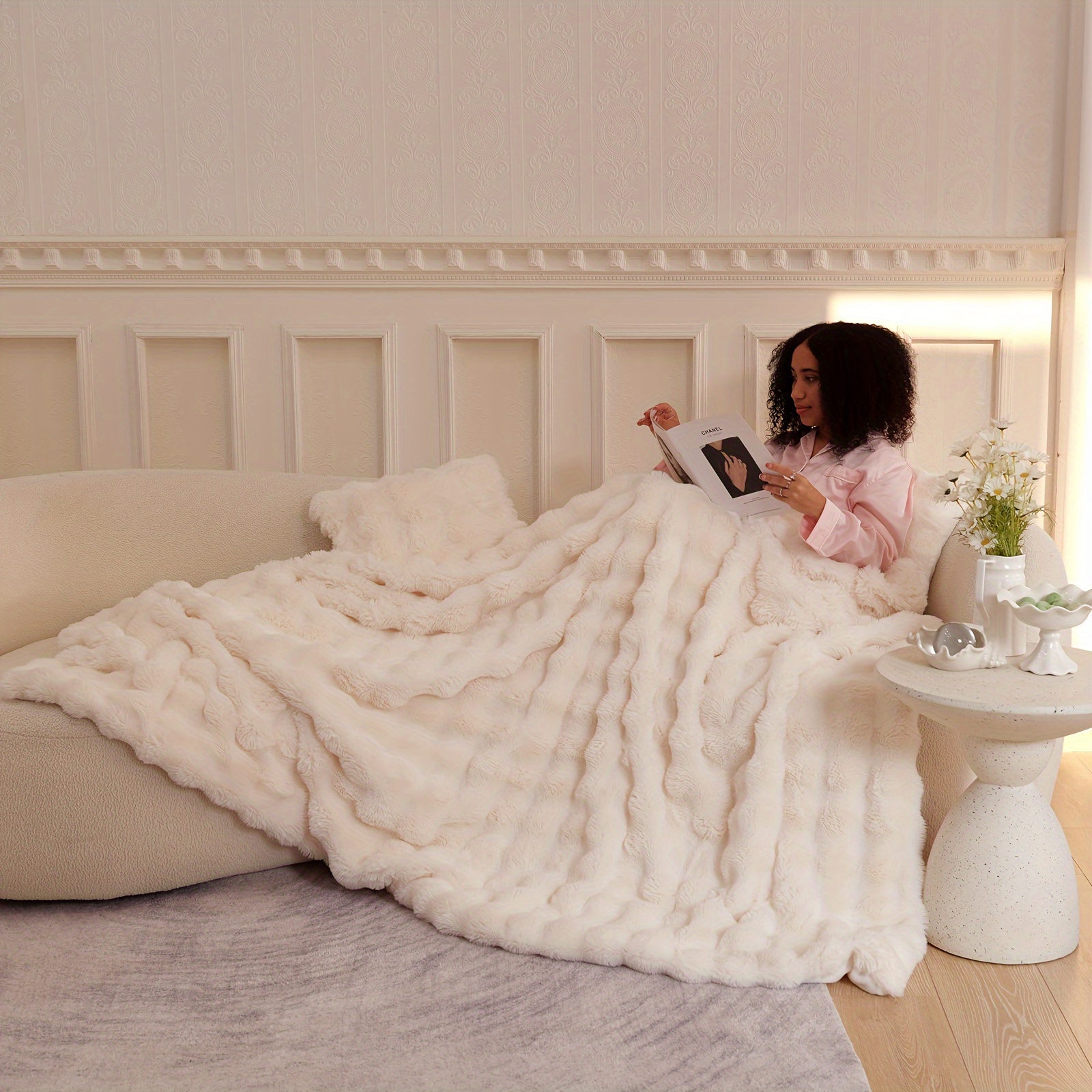 

2&5pc - Rabbit Fur Blanket- , And Pillowcase Double- Blanket, For To , Shedding. For Sofa ,