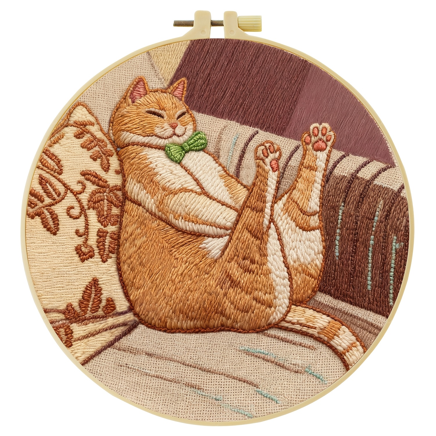 TEMU Embroidery Kit, 20x20cm/7.9x7.9 Inches, Cat Stretching On Sofa, Handcraft Embroidery Kit, Suitable For Adult Beginners, Includes Canvas, Manual,